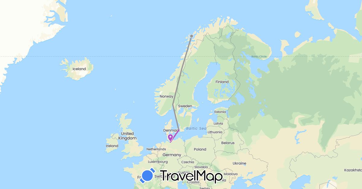 TravelMap itinerary: driving, plane, train in Germany, Denmark, Norway (Europe)